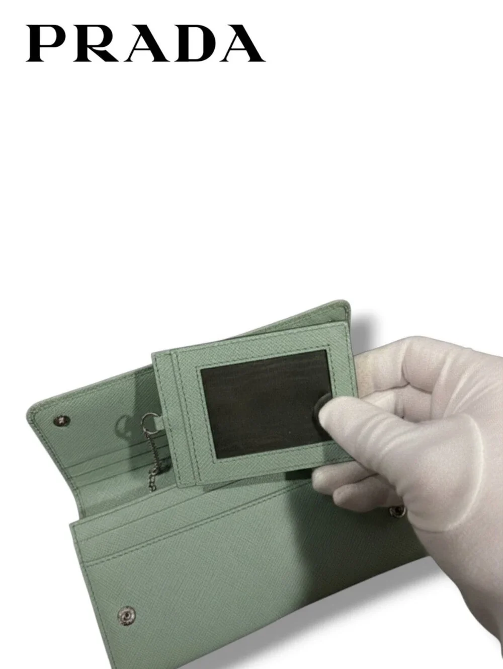 PRADA Fiocco Bow Saffiano Leather Long Wallet Green Foldover Clutch Flap Italy